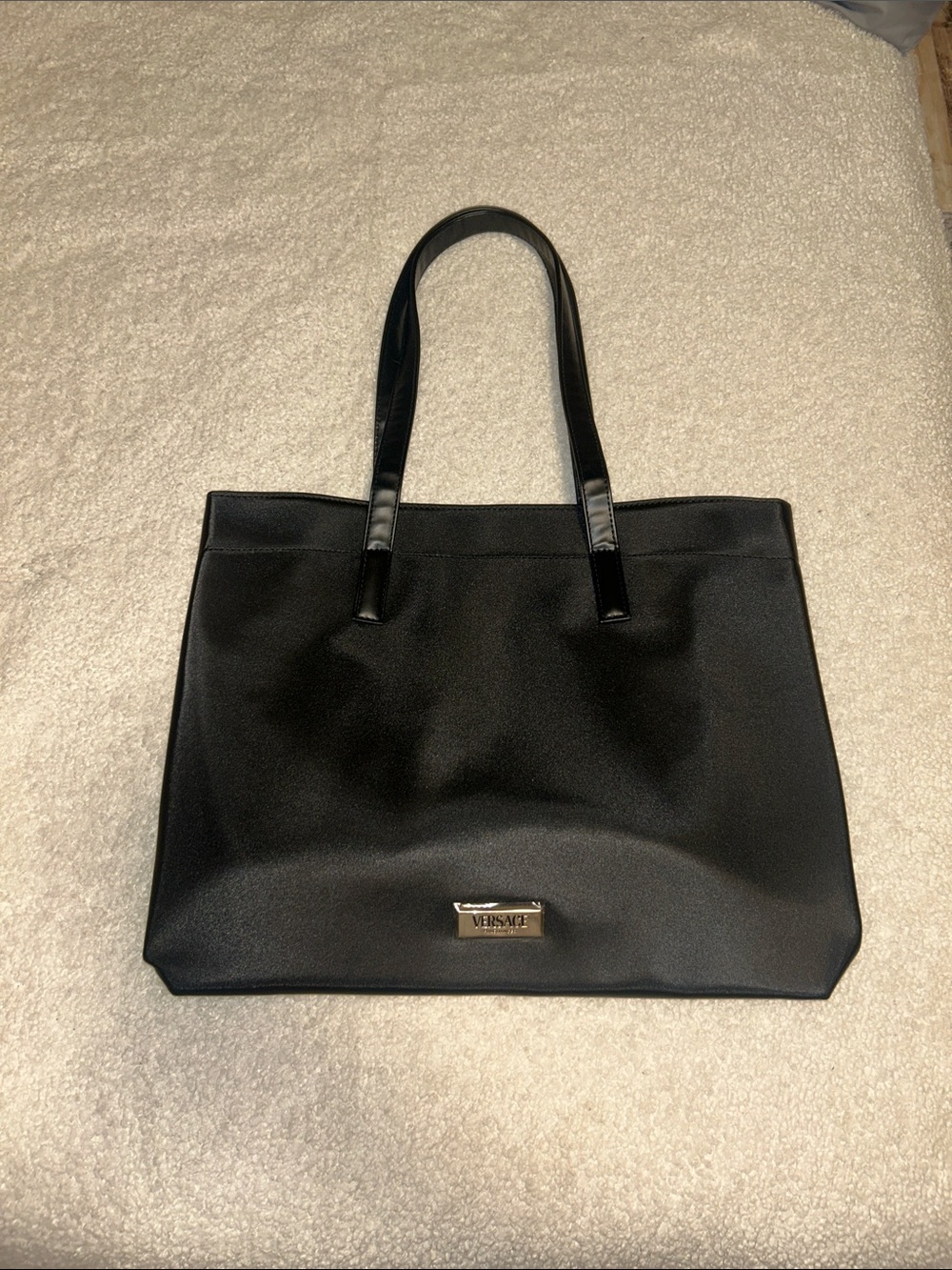 Versace Black Satin Tote with Logo Plaque